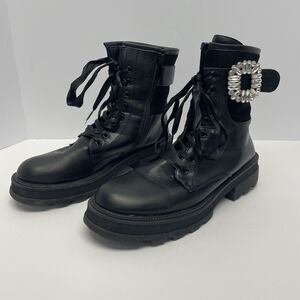 Black Combat Boots with Decorative Buckle - Women